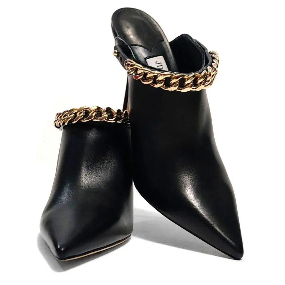 Jimmy Choo Lexx 100 Black Leather Gold Color Chain EU 37 US 7 Mules - Picture 3 of 12